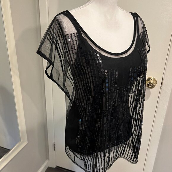 NWT INC Black Jubilant 2 piece Sheer Sequin Top with Built in Camisole, Size M - Picture 7 of 16